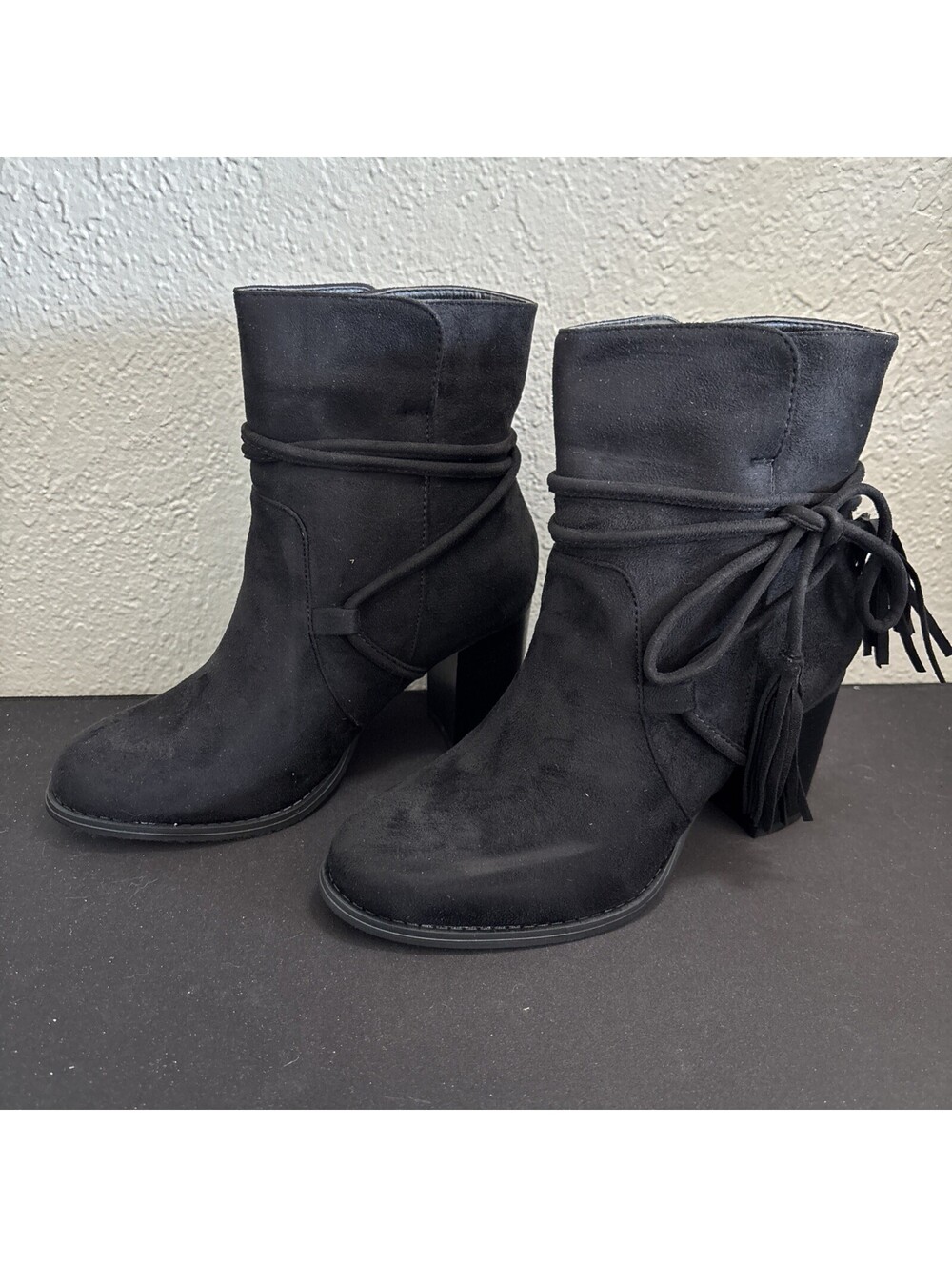 Kimberly-12 Black Suede Block Heel Booties Boho Western 6.5